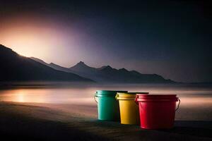 three buckets sit on the beach at sunset. AI-Generated photo