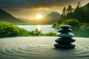 a stack of stones sitting on top of a table in front of a lake. AI-Generated photo