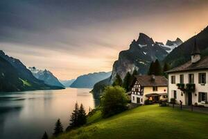 a house sits on the edge of a lake with mountains in the background. AI-Generated photo