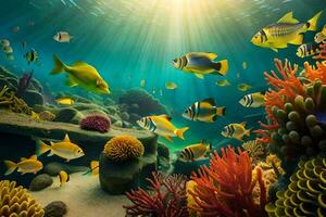 the sun shines over a coral reef with fish and other marine life. AI-Generated photo