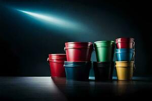 colorful buckets on a dark table with a spotlight. AI-Generated photo