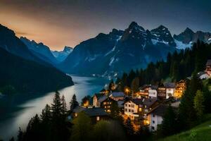 photo wallpaper the sky, mountains, lake, house, the village, the mountains, the lake. AI-Generated