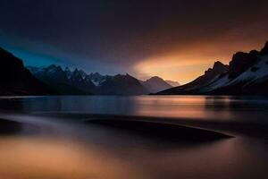 un lago y montañas a puesta de sol. generado por ai foto