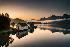 un lago con un pequeño casa en el medio de él. generado por ai foto