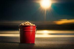 a red bucket filled with peanuts on the beach. AI-Generated photo