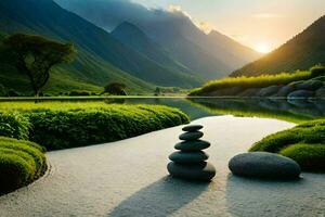 stacked stones in the middle of a lake at sunset. AI-Generated photo