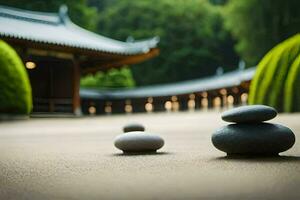 stones in a garden with a building in the background. AI-Generated photo