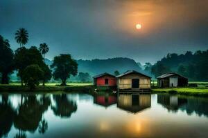 photo wallpaper the sky, water, the sun, the moon, the trees, the house,. AI-Generated