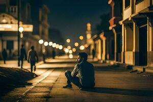 a man sitting on the street at night. AI-Generated photo