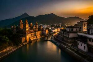 el puesta de sol terminado el ciudad de udaipur. generado por ai foto