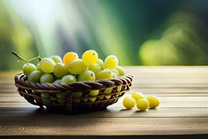 grapes in a basket on a wooden table. AI-Generated photo