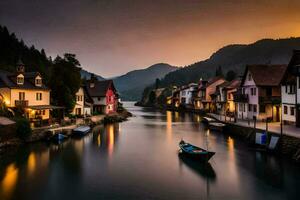photo wallpaper the sky, water, boats, houses, river, sunset, europe, g. AI-Generated