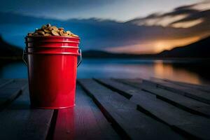 a red bucket filled with nuts on a wooden deck. AI-Generated photo