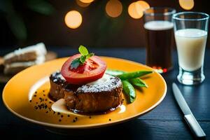 steak and tomato on a plate with a glass of milk. AI-Generated photo