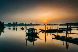 boats are docked at the shore of a lake at sunset. AI-Generated photo