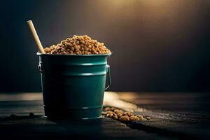 bucket of brown sugar on a wooden table. AI-Generated photo