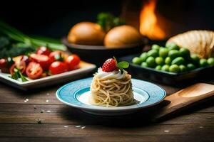 espaguetis con un fresa y un cuenco de vegetales. generado por ai foto