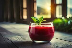 a glass of red juice on a wooden table. AI-Generated photo