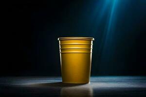 a yellow plastic cup sitting on a table. AI-Generated photo