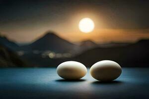 two eggs sit on a table in front of a mountain. AI-Generated photo