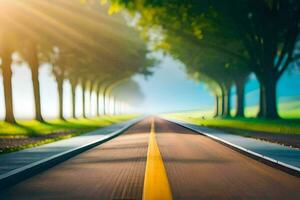 a road with trees and sun shining in the background. AI-Generated photo