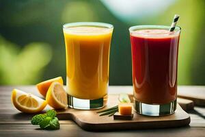 two glasses of juice with lemon and orange slices. AI-Generated photo