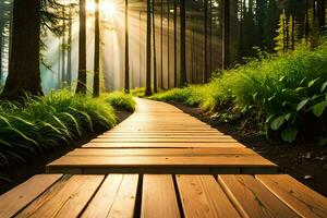 wooden path in the forest with sun rays. AI-Generated photo