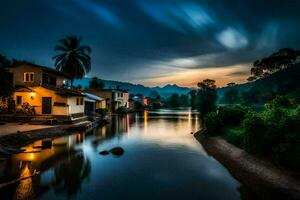 a river at night with houses and palm trees. AI-Generated photo