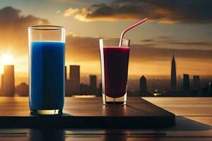 two glasses of juice with a city skyline in the background. AI-Generated photo