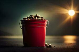 a red bucket filled with beans on a table. AI-Generated photo