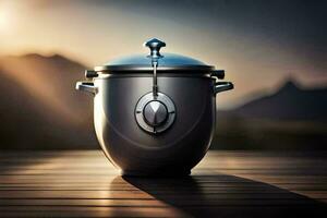 a large stainless steel pot on a wooden table. AI-Generated photo