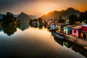 the sun sets over a river in vietnam. AI-Generated photo