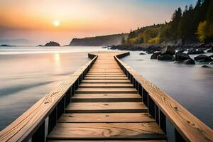 a wooden bridge stretches out into the ocean at sunset. AI-Generated photo