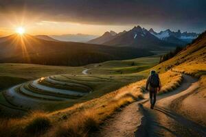 a person walks along a path in the mountains. AI-Generated photo