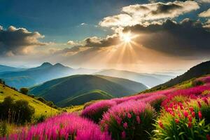 the sun shines over the mountains and flowers in the foreground. AI-Generated photo