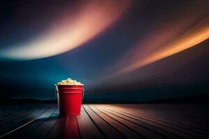 un rojo taza de palomitas de maiz sentado en un de madera mesa. generado por ai foto