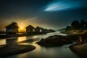 a river at sunset with houses on the shore. AI-Generated photo