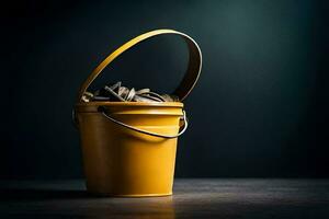 a bucket filled with coins on a dark background. AI-Generated photo