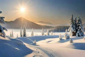 photo wallpaper the sky, snow, trees, sun, mountains, trees, trees, winter,. AI-Generated