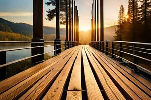 a wooden bridge over a lake with the sun setting behind it. AI-Generated photo