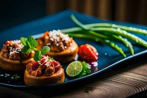 Tres mini rosquillas en un azul plato con verde frijoles. generado por ai foto