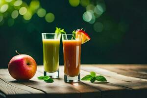 two glasses of juice with an apple and a mint leaf. AI-Generated photo
