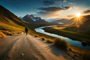 the man is walking on the road in the middle of the valley. AI-Generated photo