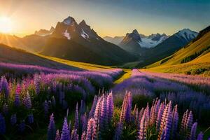 the sun rises over the mountains and the flowers bloom. AI-Generated photo