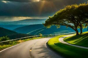 a scenic road with trees and mountains in the background. AI-Generated photo