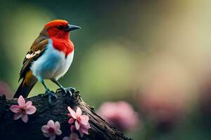 a red and white bird sitting on a branch. AI-Generated photo