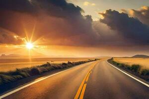 un largo la carretera con el Dom ajuste detrás él. generado por ai foto