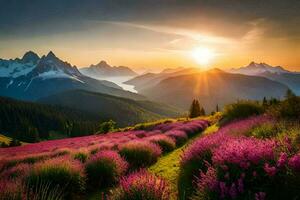 the sun rises over the mountains and flowers in the foreground. AI-Generated photo