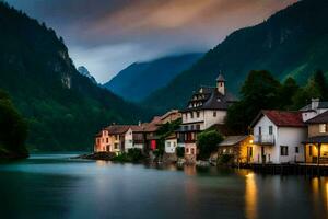 photo wallpaper the sky, mountains, water, houses, lake, mountains, house, lake,. AI-Generated