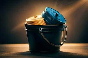 a bucket with two blue lids and one black lid. AI-Generated photo